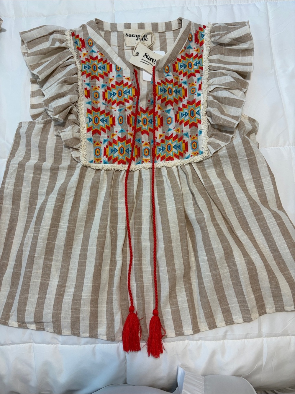 NWT Savannah Jane Striped Boho Tunic with Multicolor Embroidery